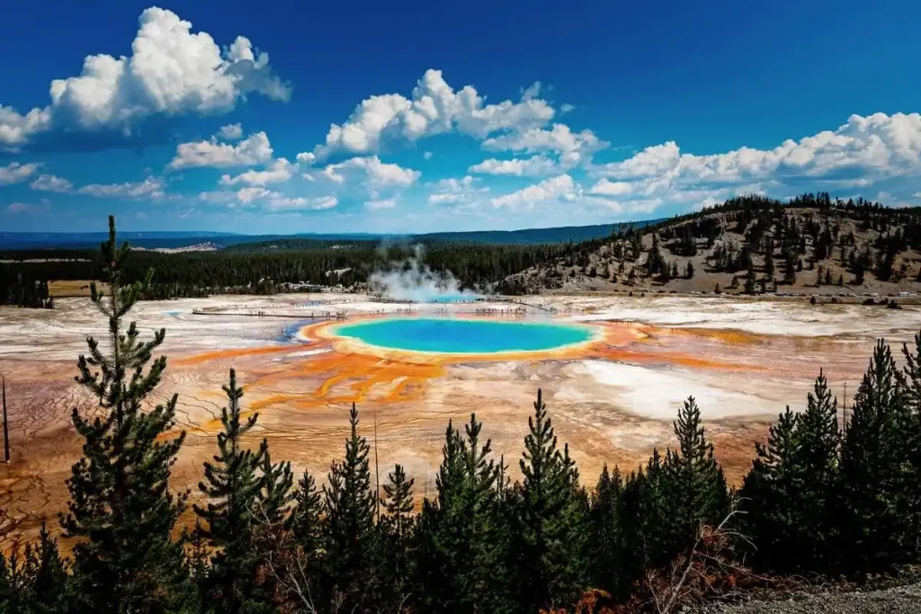 10 Best Spring Break Destinations for Families on a Budget in US 6 A vibrant, multicolored hot spring in Yellowstone National Park is surrounded by evergreen trees, set against a backdrop of hills and a blue sky with scattered clouds. The hot spring showcases hues of blue, green, yellow, and orange, creating a striking contrast with Wyoming's brown, rocky terrain.