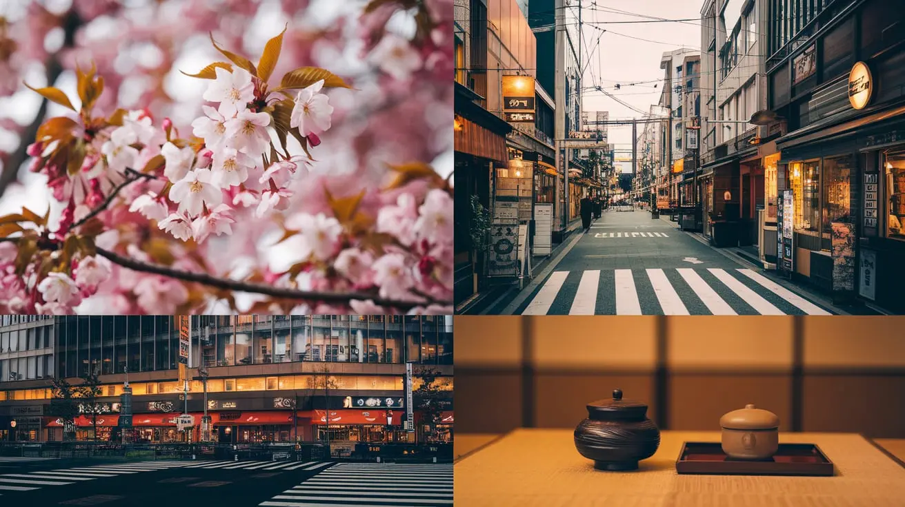 10 Best Places to Travel with Kids International-2025 Updated 4 Discover the essence of Japan with a collage of four captivating images: cherry blossoms in full bloom, a serene urban street, lit windows creating a warm glow against the night, and an inviting tea set. These scenes offer tips to make your 10-day Japan itinerary truly memorable.