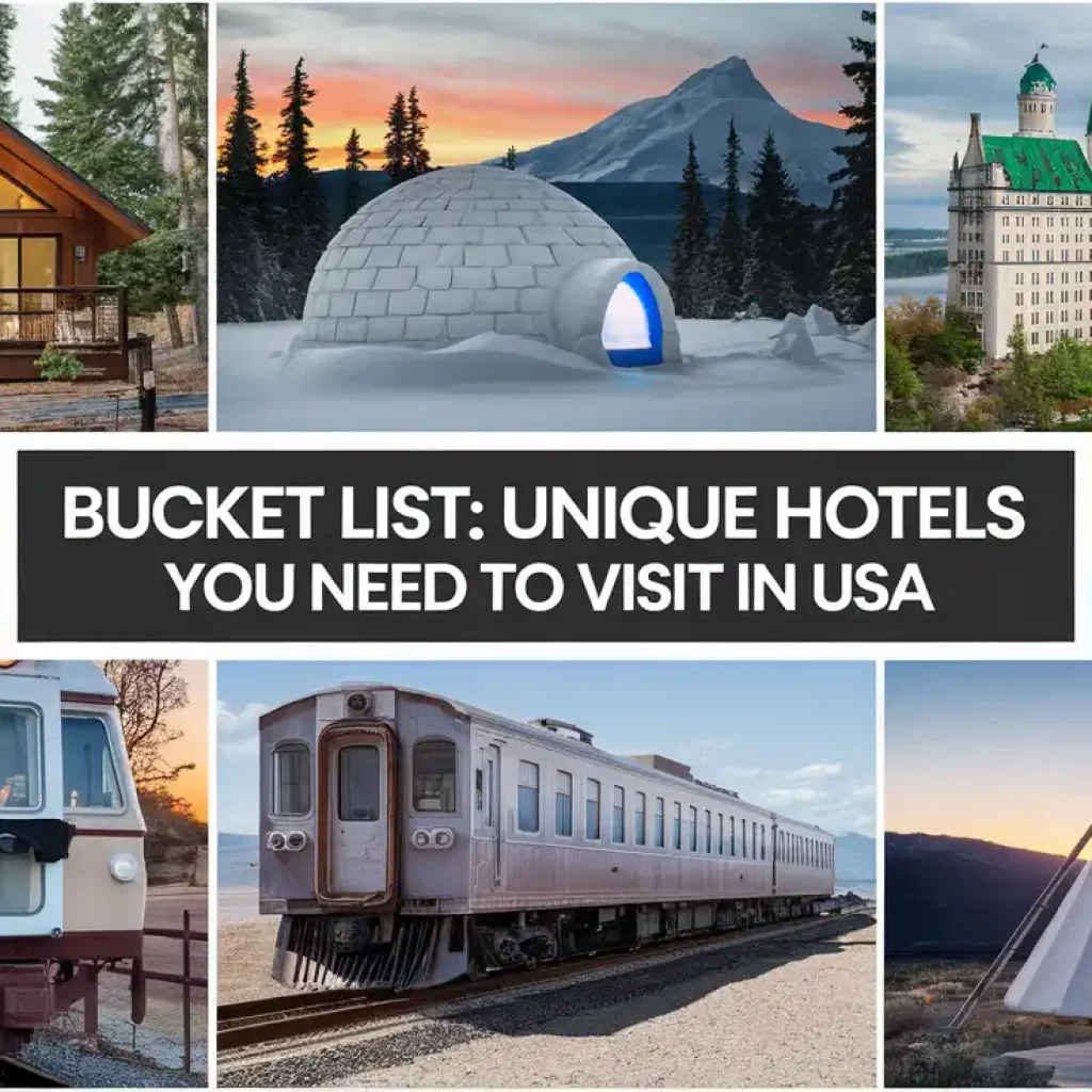 The collage contains 6 images of unique hotels in the USA, including a treehouse hotel in California, a igloo hotel in Alaska, a castle hotel in New York, a train hotel in Nevada, a lighthouse hotel in Michigan, and a tepee hotel in Colorado.