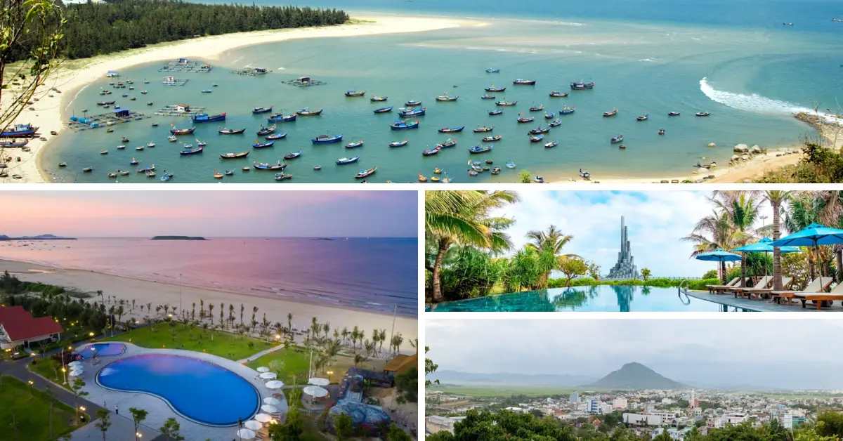 Tuy Hoa Vietnam Is It Safe for Tourists A collage of images showing a coastal area with fishing boats, a beachside hotel with a curved pool, an infinity pool surrounded by palm trees, and a cityscape with mountains in the background.