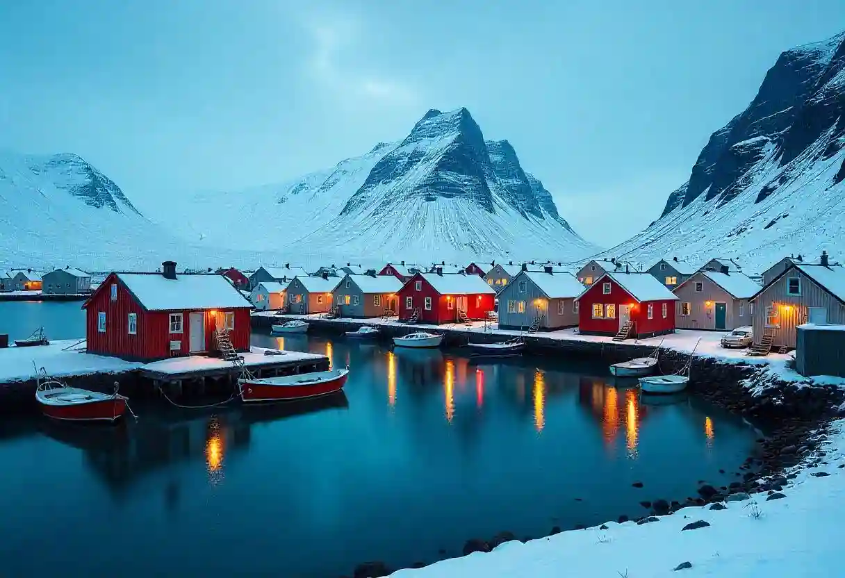Colorful houses with warm lights line a snowy waterfront, with small boats docked nearby. Dramatic, snow-covered mountains rise in the background under a cloudy, twilight sky.