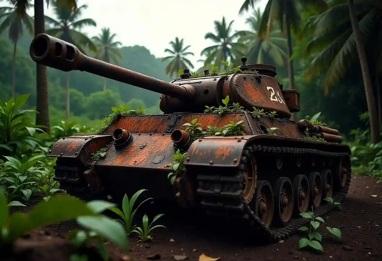 Peleliu Island and broken rusty tank on it