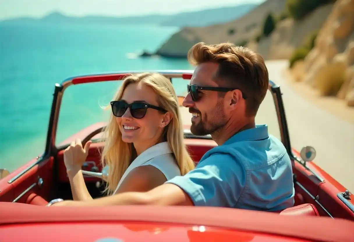 The Ultimate Guide to Budget Trip Sasta - Save Money, Travel More 1 A couple is smiling and driving a red convertible along a coastal road. The woman, with long blonde hair, and the man, with short hair, both wear sunglasses. The blue sea and rocky cliffs are visible in the background under a clear sky.