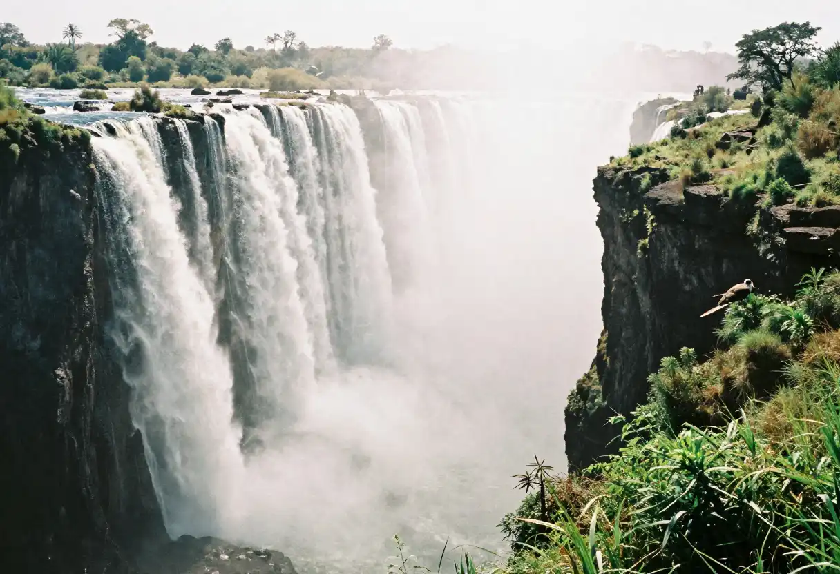 How to Visit Victoria Falls the Smoke That Thunders in 5 Days (No-Stress Guide) 3 Elevated view of Victoria Falls, heavy mist billowing skyward, morning sunlight, crystalline water, lush green cliffs, two safari birds
